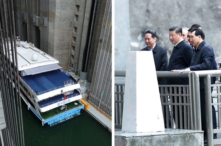 4月24日下午，中共中央總書記、國家主席、中央軍委主席習近平來到三峽大壩，詳細了解三峽工程建設、發電、水利、通航、生態保護等方面的情況。這是習近平在察看升船機運行情況（拼版照片）。新華社記者 龐興雷 攝