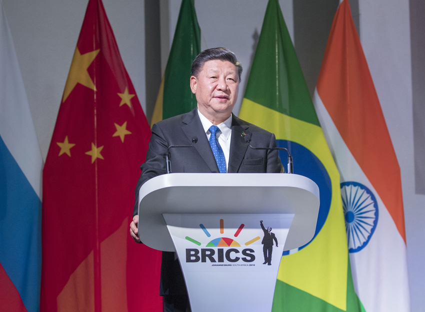 7月25日，國家主席習近平應邀出席在南非約翰內斯堡舉行的金磚國家工商論壇，並發表題為《順應時代潮流 實現共同發展》的重要講話。新華社記者 王曄 攝