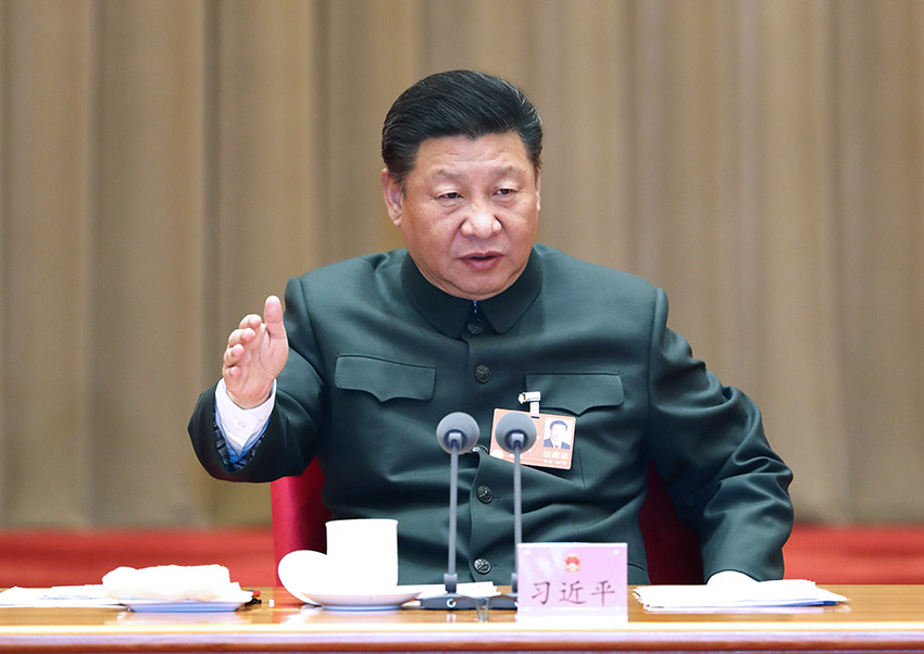 2018年3月12日上午，中共中央總書記、國家主席、中央軍委主席習近平出席十三屆全國人大一次會議解放軍和武警部隊代表團全體會議並發表重要講話。新華社記者 李剛 攝