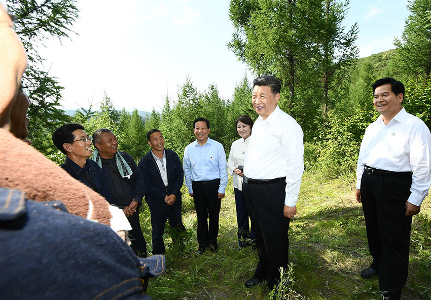 7月15日，中共中央總書記、國家主席、中央軍委主席習近平赴內蒙古自治區考察調研。這是習近平在赤峰市喀喇沁旗馬鞍山林場了解生態文明建設情況。 新華社記者 謝環馳 攝