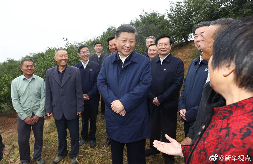 9月17日，中共中央總書記、國家主席、中央軍委主席習近平前往河南省光山縣司馬光油茶園和文殊鄉東岳村，考察調研當地脫貧攻堅工作成效和中辦在光山縣扶貧工作情況，看望慰問老區群眾。這是習近平在司馬光油茶園同農民親切交流。 新華社記者 鞠鵬 攝