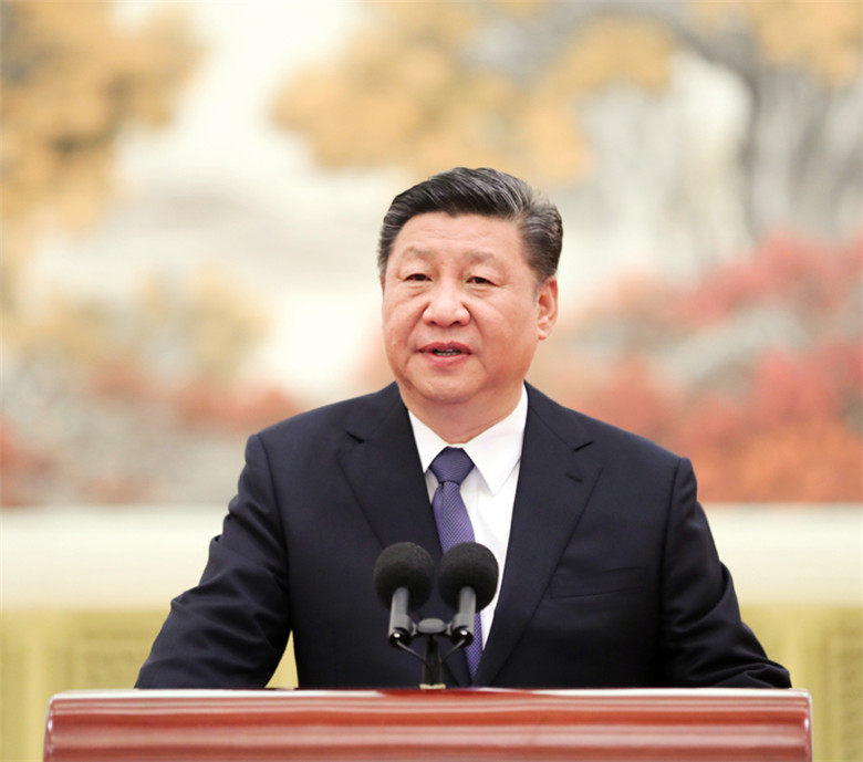 2月20日，黨和國家領(lǐng)導(dǎo)人習(xí)近平、李克強(qiáng)、栗戰(zhàn)書、汪洋、王滬寧、趙樂際、韓正等在北京人民大會堂會見探月工程嫦娥四號任務(wù)參研參試人員代表。這是習(xí)近平發(fā)表重要講話。新華社記者 鞠鵬 攝