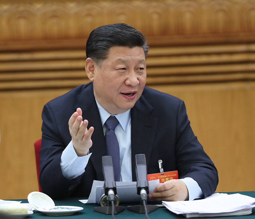 3月7日，中共中央總書記、國家主席、中央軍委主席習近平參加十三屆全國人大二次會議甘肅代表團的審議。 新華社記者 鞠鵬 攝