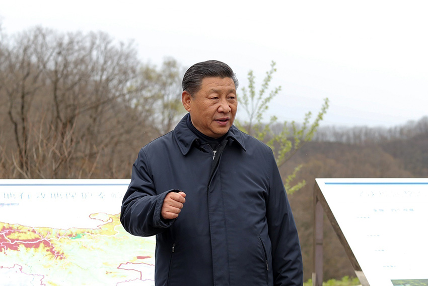 4月20日，中共中央總書記、國家主席、中央軍委主席習近平在陝西考察調(diào)研。這是習近平在位於秦嶺山脈東段的牛背梁國家級自然保護區(qū)月亮埡，察看秦嶺自然生態(tài)，了解陝西省吸取秦嶺北麓違建別墅問題教訓、抓好生態(tài)保護等情況。 新華社記者 鞠鵬 攝