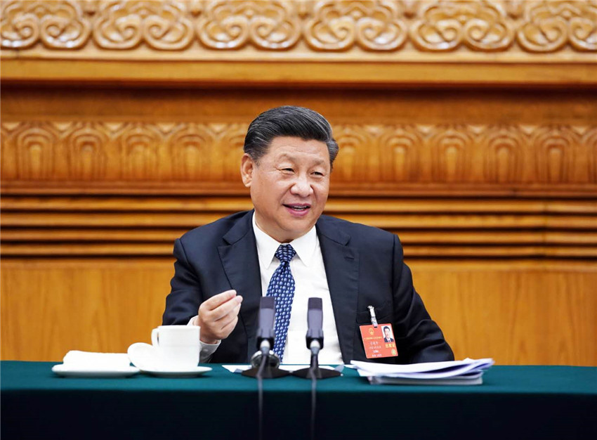 5月24日，中共中央總書記、國家主席、中央軍委主席習(xí)近平參加十三屆全國人大三次會議湖北代表團(tuán)的審議。 新華社記者 李學(xué)仁 攝