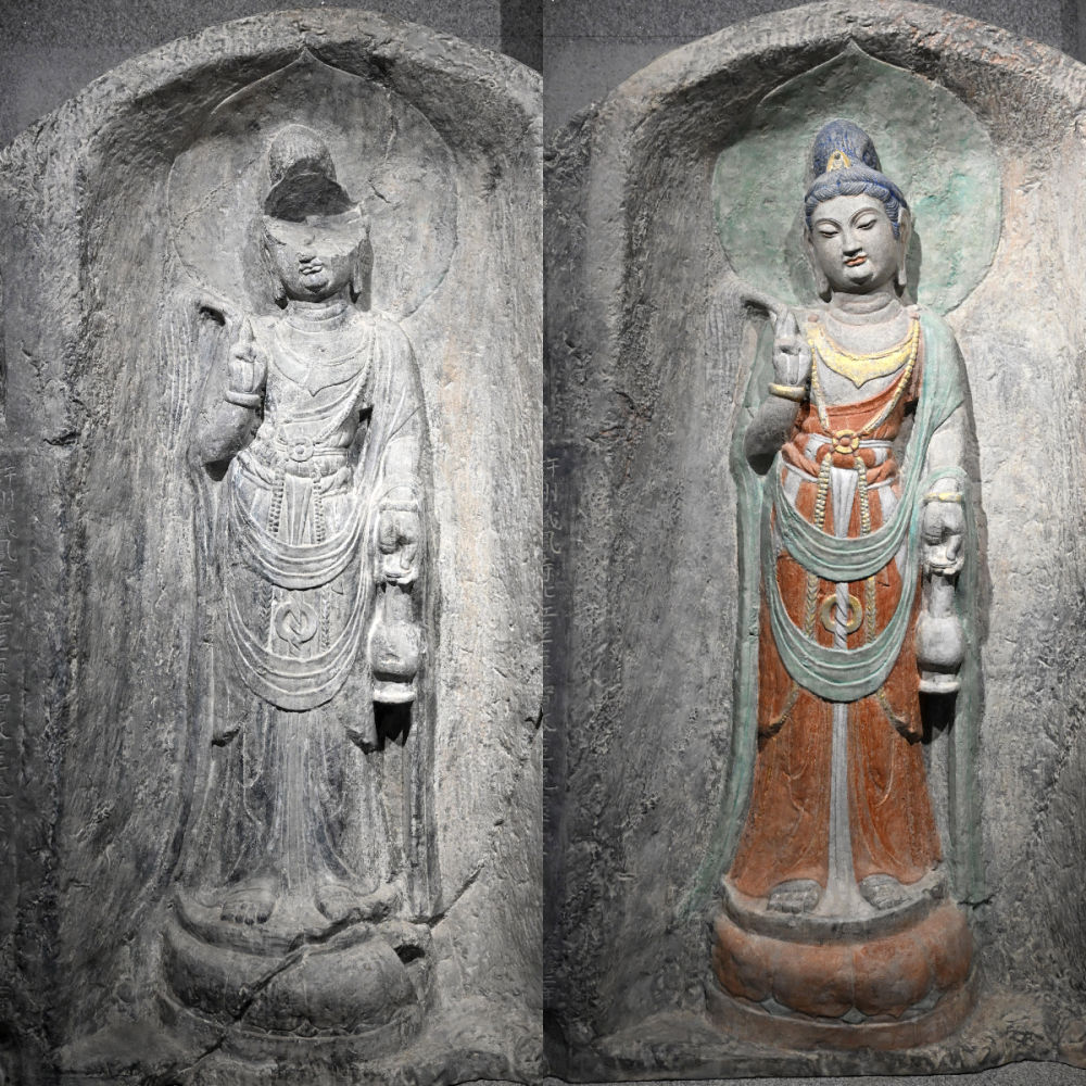 左圖為龍門石窟萬佛洞窟前南壁菩薩造像的3D打印模型﹔右圖為利用數字化技術復原后的3D打印模型（2025年4月10日攝，拼版照片）。復原后的像龕精妙絕倫，栩栩如生，被游客譽為“龍門最美菩薩”。圖片來源新華社